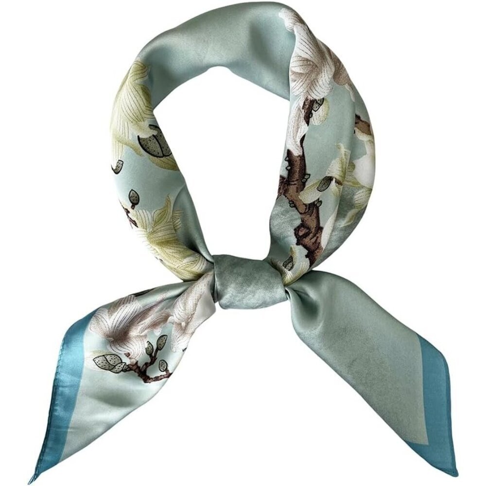 Silk Feel 03 Green Floral Edge Satin Square Head Scarf for Women Medium 28 Inch